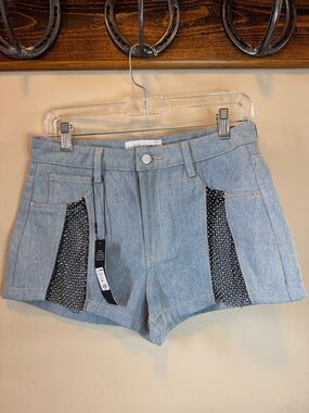 Fashion Nova Light Blue Denim Shorts with Black Mesh Insets